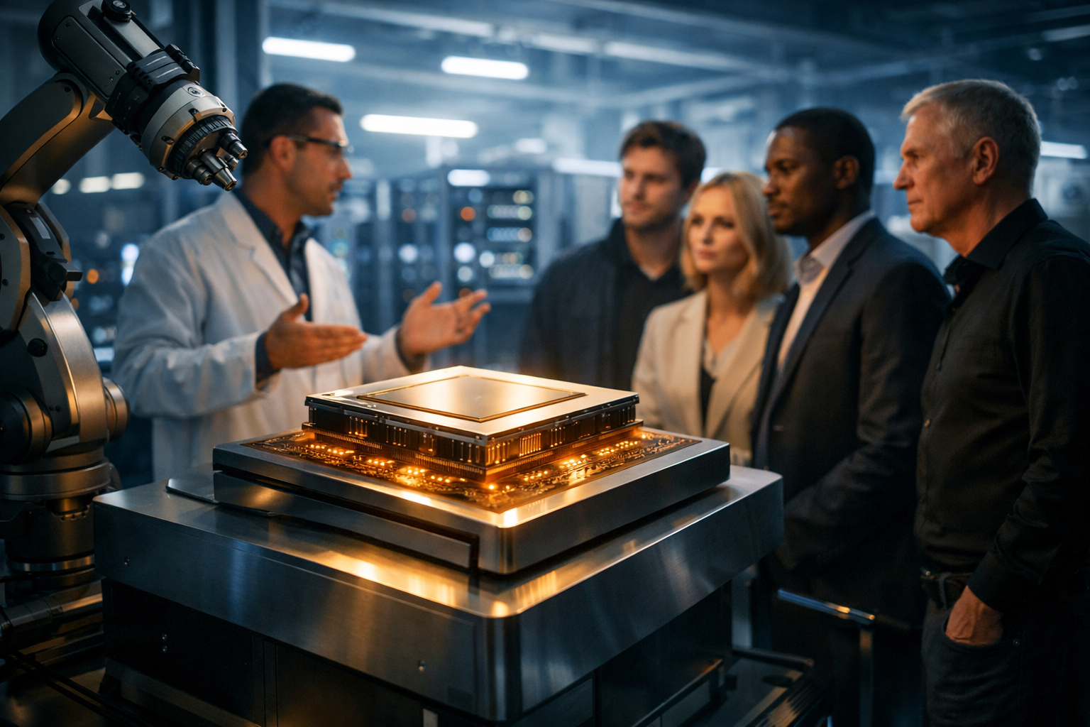 Лабораторная сцена: крупный золотистый вычислительный чип на постаменте с подсветкой в центре кадра; слева роботизированная рука, за ним инженер в халате жестами объясняет характеристики чипа группе делегатов на экскурсии; фон — серверные стойки и мягкое кинематографичное освещение.