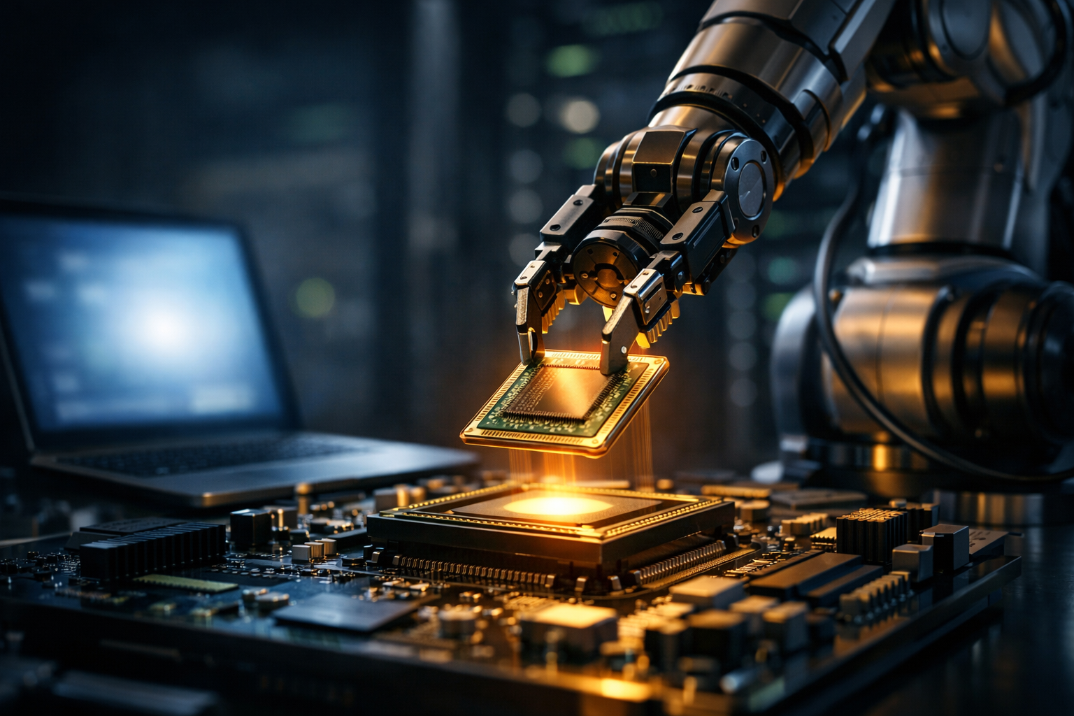 Киношный кадр: роботизированный манипулятор аккуратно устанавливает вычислительный чип в разъём на материнской плате в затемнённой лаборатории; тёплое свечение контактов, размытый нейтральный ноутбук на заднем плане.