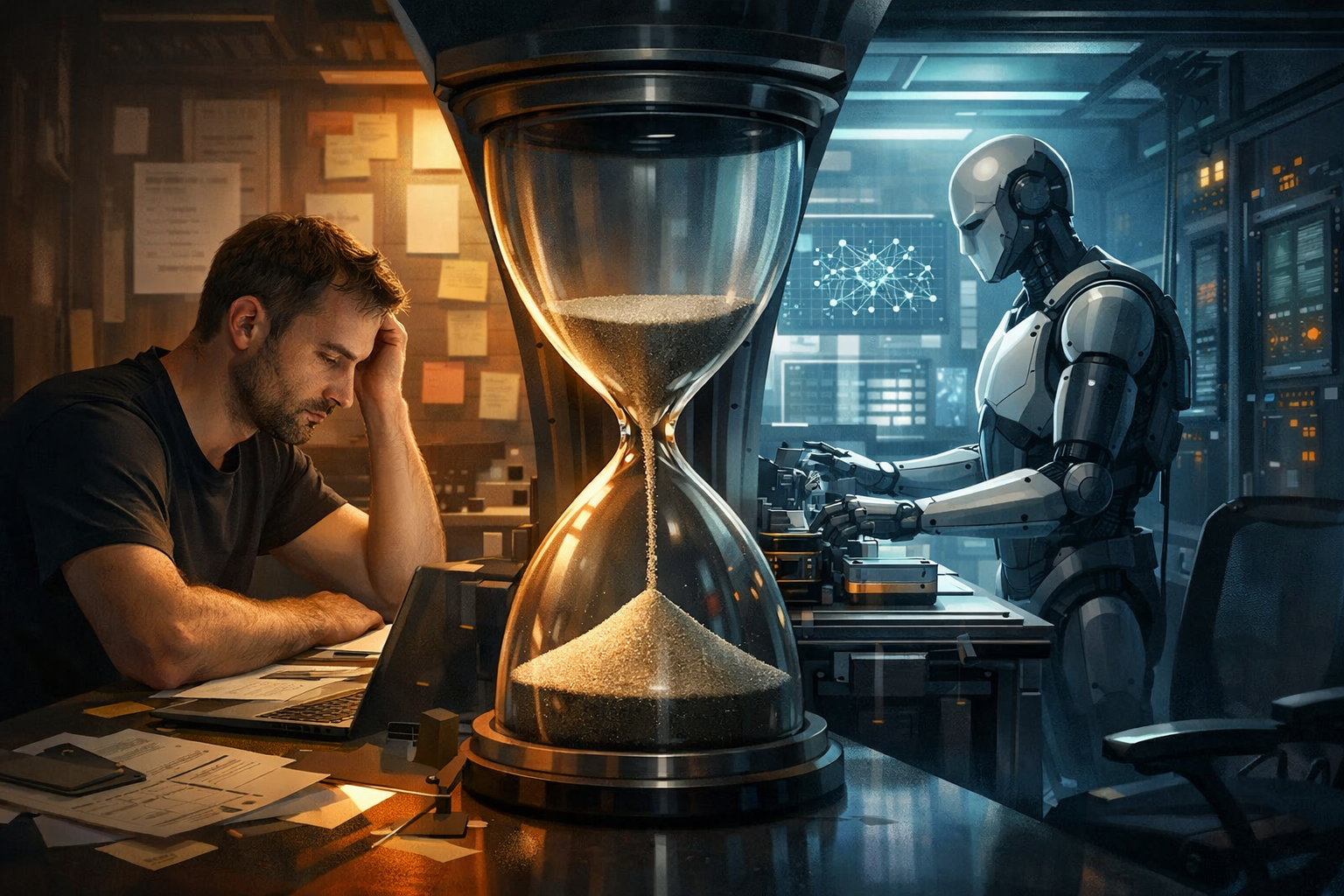 Мужчина-исследователь устало сидит за столом слева, посередине большая песочные часы символизируют узкое место времени, справа в лаборатории автономный робот работает за оборудованием; сцена в стиле кинематографичной редакционной иллюстрации, холодно-тёплая контрастная подсветка.