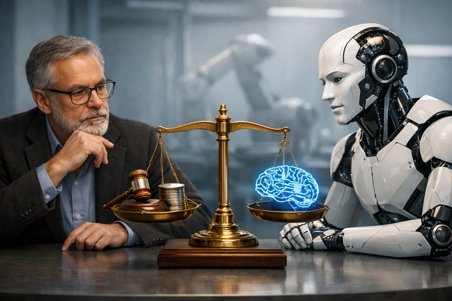 Кинематографичная сцена: гуманоидный робот сидит за столом напротив академической комиссии; на столе золотые весы, на одной чаше светящаяся модель мозга, на другой — микрочип; вокруг люди в костюмах ведут серьёзную дискуссию в старинной аудитории.