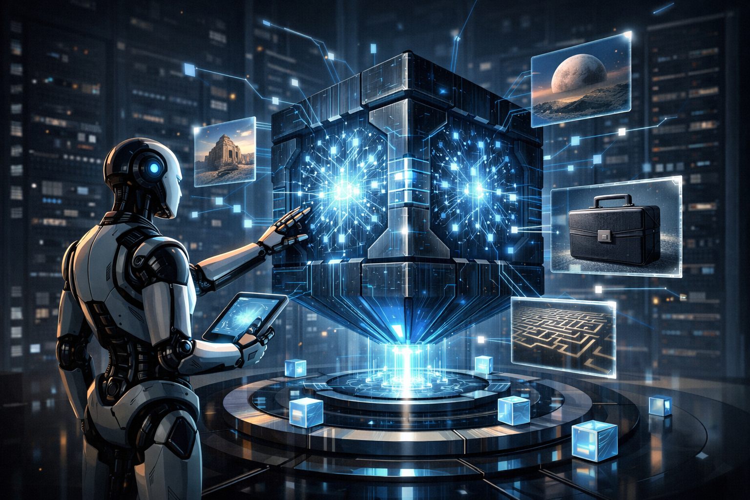Футуристический роботообразный агент взаимодействует с плавающим кубом-«ядром данных» в серверной комнате; из куба исходят светящиеся связи к голографическим панелям с разными изображениями (лунный пейзаж, древняя постройка, чемодан, лабиринт), символизирующие многопрыжковый поиск и управление конте