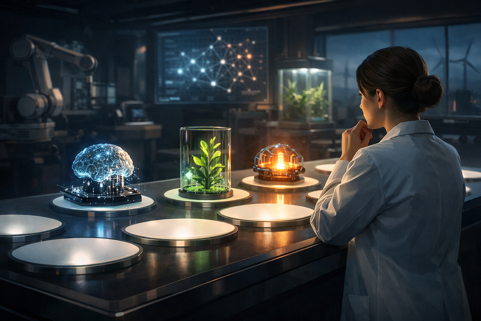 Женщина-учёный в белом халате в лаборатории смотрит на три выставленных экспоната на столе: голографический мозг (символ ИИ), растение в стеклянной колбе (биотехнологии) и светящийся энергетический модуль (энергетика). Тёпло-холодное кинематографическое освещение, чистая и сфокусированная композиция