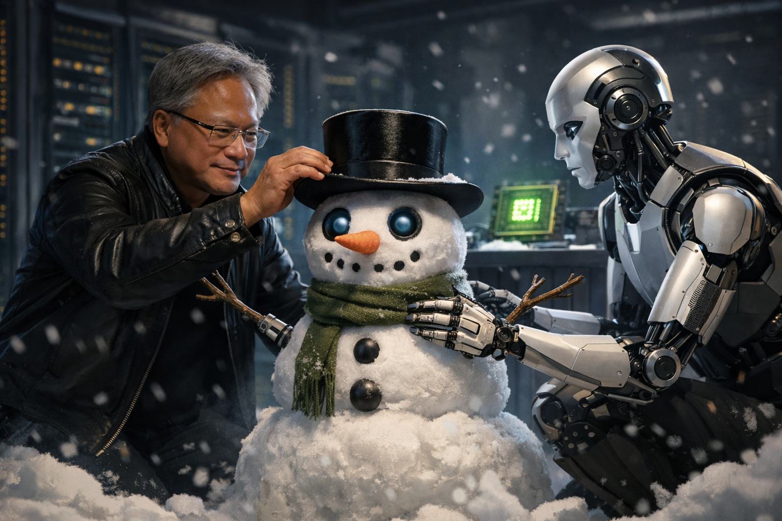 Кинематографичная сцена в серверной: мужчина в кожаной куртке надевает цилиндр на снеговика с механическими глазами, рядом робот‑андроид поправляет шарф снеговика; вокруг видны стойки с серверами и светящийся микрочип, в воздухе падает снег.