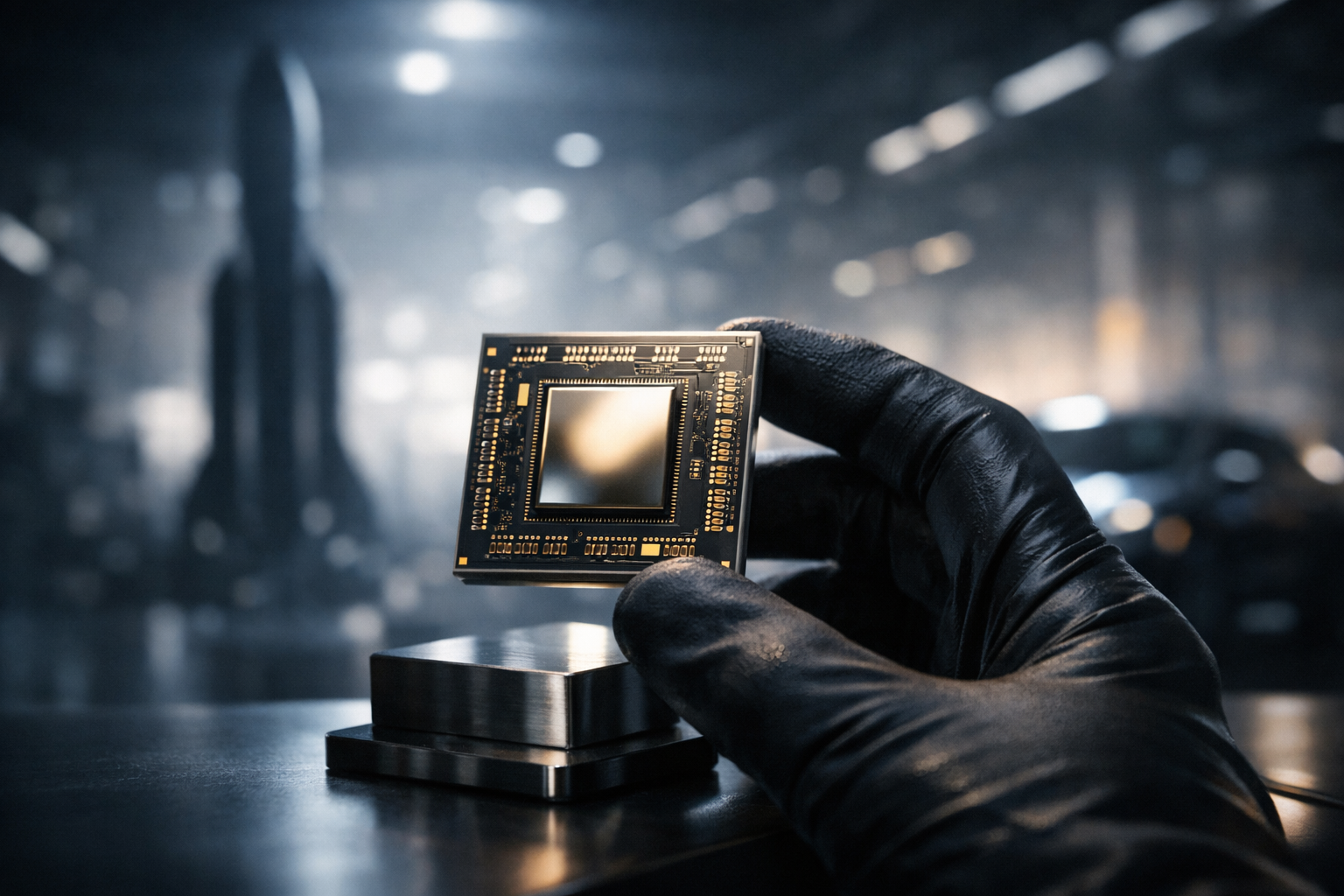 Крупный план микрочипа, удерживаемого в черной перчатке на металлической подставке; на фоне размытый производственный цех с силуэтами ракеты и автомобиля. Драматическое киновое освещение, чистая фокусная точка, без надписей и логотипов.
