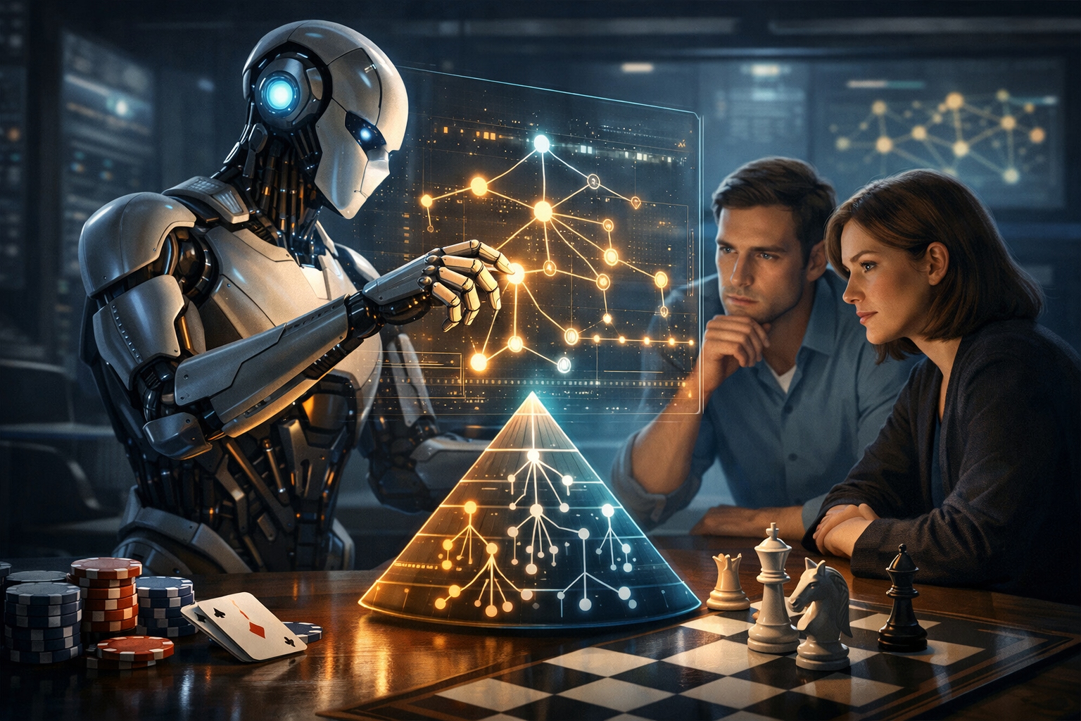 Кинематографичная сцена: гуманоидный робот у прозрачного голографического экрана с визуализацией графа и пирамидой дерева решений, два сосредоточенных исследователя наблюдают; на столе шахматные фигуры, игральные карты и фишки, символизирующие игры и стратегии.