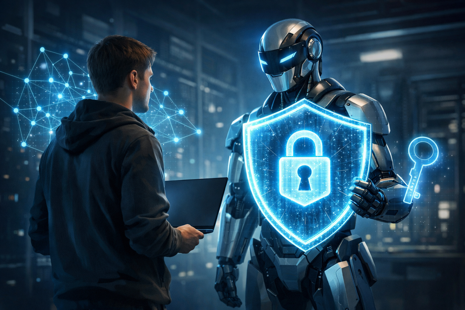 Исследователь с ноутбуком стоит лицом к высокотехнологичному роботу‑агенту, который держит яркий голографический щит с изображением замка и голографический ключ; на заднем плане нейросетевые узлы и серверная атмосфера.
