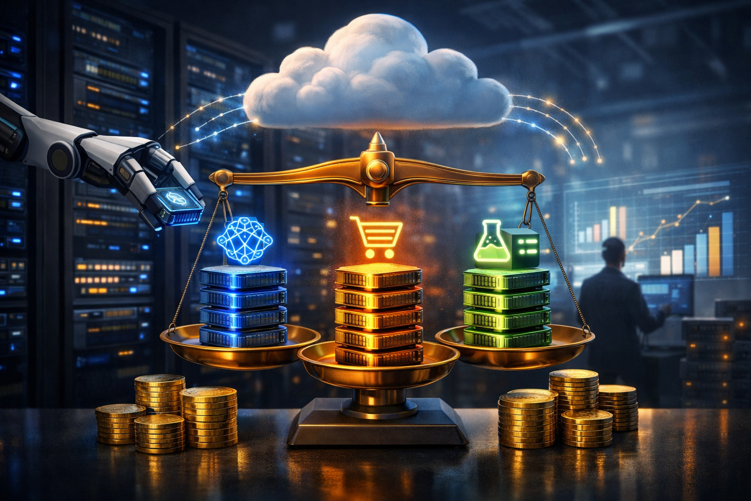 Золотые весы на фоне серверной: на чашах стопки серверных блоков с неоновыми иконками (нейросеть, корзина покупок, лабораторный флакон), над ними парит облако с потоками данных; монеты внизу, оператор у панелей и мягкое кинематографическое освещение — метафора привязки затрат на инференс к конкретны