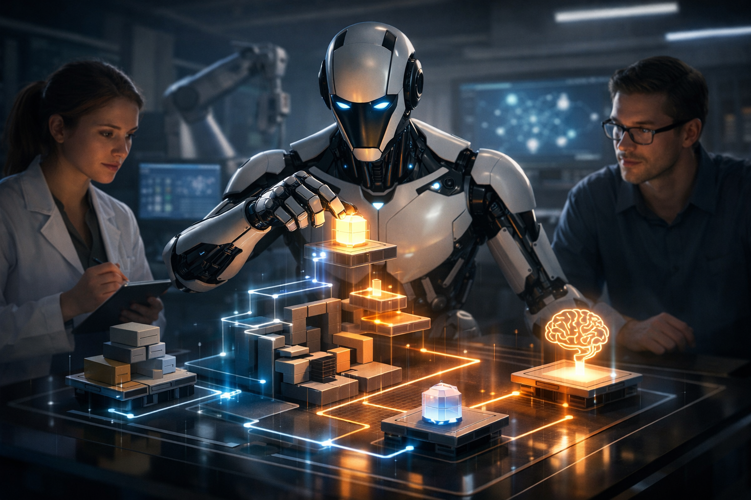 Гладкий лабораторный робот за столом с двумя исследователями, манипулирующий светящимися голографическими блоками и схемой/микросхемой, символизирующими процесс обучения и его оптимизацию; современная лаборатория на фоне, кинематографическое освещение.