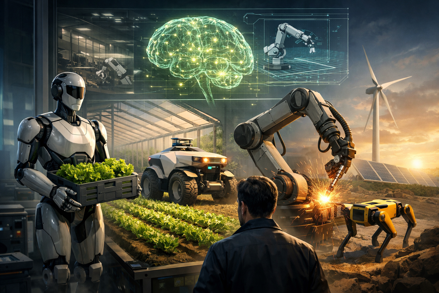 Кинематографичная иллюстрация: человек наблюдает за сценой, где рядом робот-фермер держит ящик с зеленью внутри теплицы; автономный сельскохозяйственный вездеход на грядках; крупный промышленный манипулятор выполняет сварку с искрами, рядом жёлтый четырёхногий робот; на заднем плане ветряная турбина