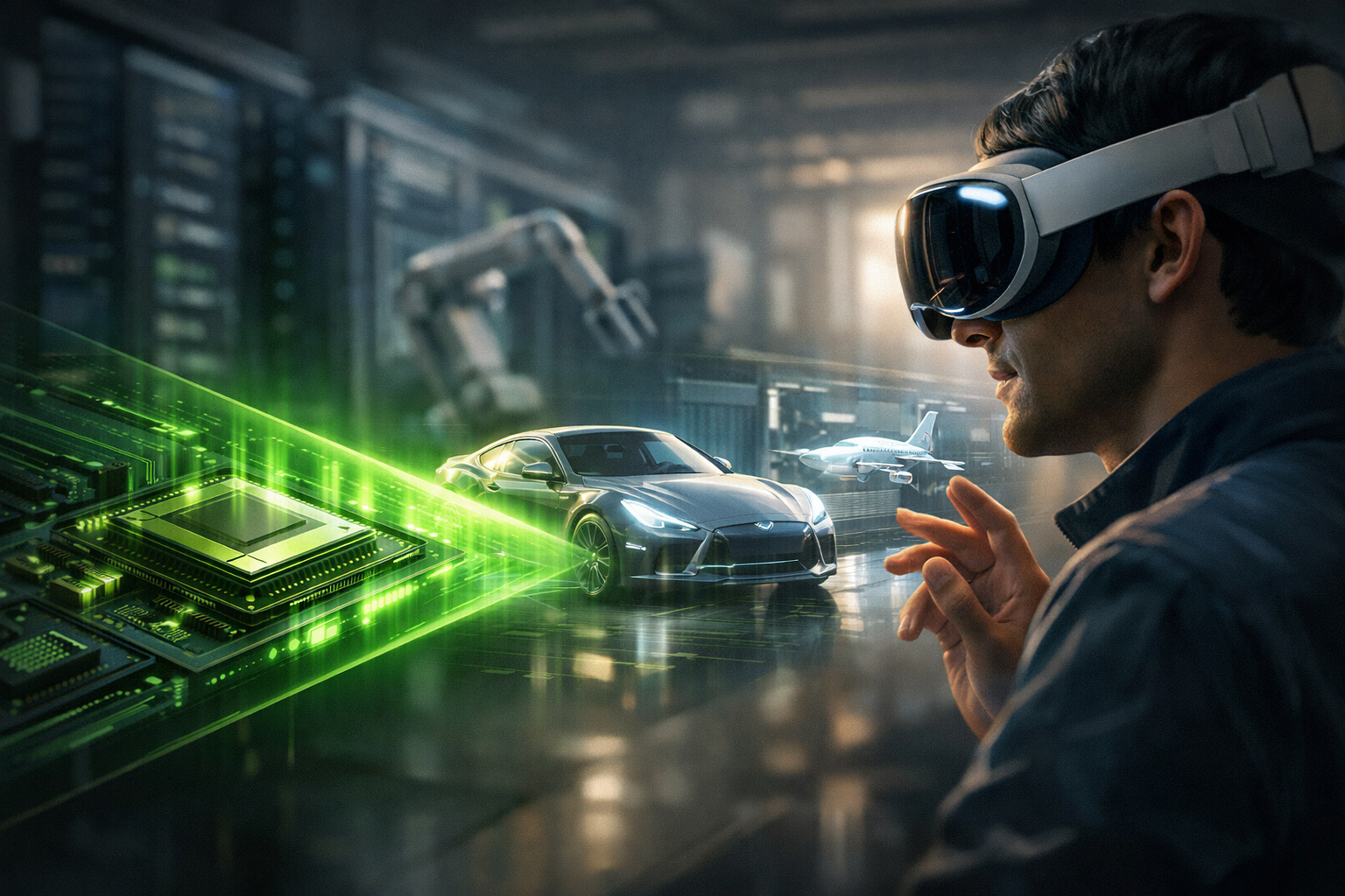 Человек в профессиональной AR/VR‑гарнитуре наблюдает за виртуальными 3D‑моделями автомобиля и самолёта, которые словно стримятся из большого графического чипа — фон в стиле дата‑центра с роботом и стойками серверов.