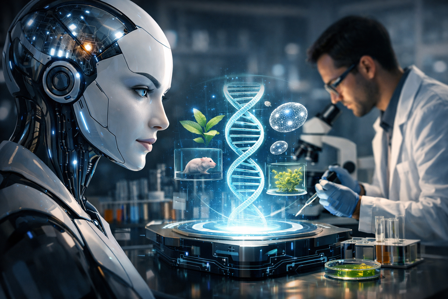 Крупный план профильного лица андроида слева, в центре голографическая двойная спираль ДНК с плавающими биоблоками (мышь, растение, клетки) над лабораторным устройством, справа учёный в халате работает у микроскопа в современной лаборатории, холодная синяя подсветка, детализированная редакционная сц