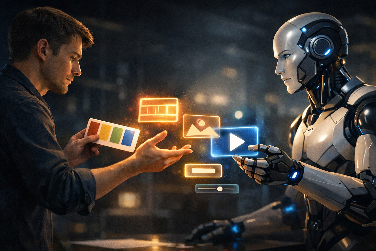 Фотореалистичная сцена: фронтенд‑дизайнер держит образцы цветов и передаёт их роботу‑ассистенту; между ними парят светящиеся абстрактные элементы интерфейса (иконки, мини‑модули, кнопки) на тёмном размытом фоне, кинематографическое освещение.