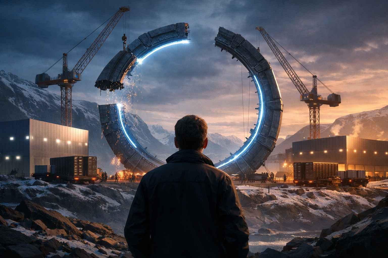 Человек стоит спиной на заснежённом прибрежном плато и смотрит на гигантское разрушаемое/собираемое кольцо с синей подсветкой — «Stargate». Вокруг работают краны и грузовики, по обе стороны — обезличенные здания дата‑центров на фоне гор при заходящем свете; искры и рабочие подчёркивают процесс монта