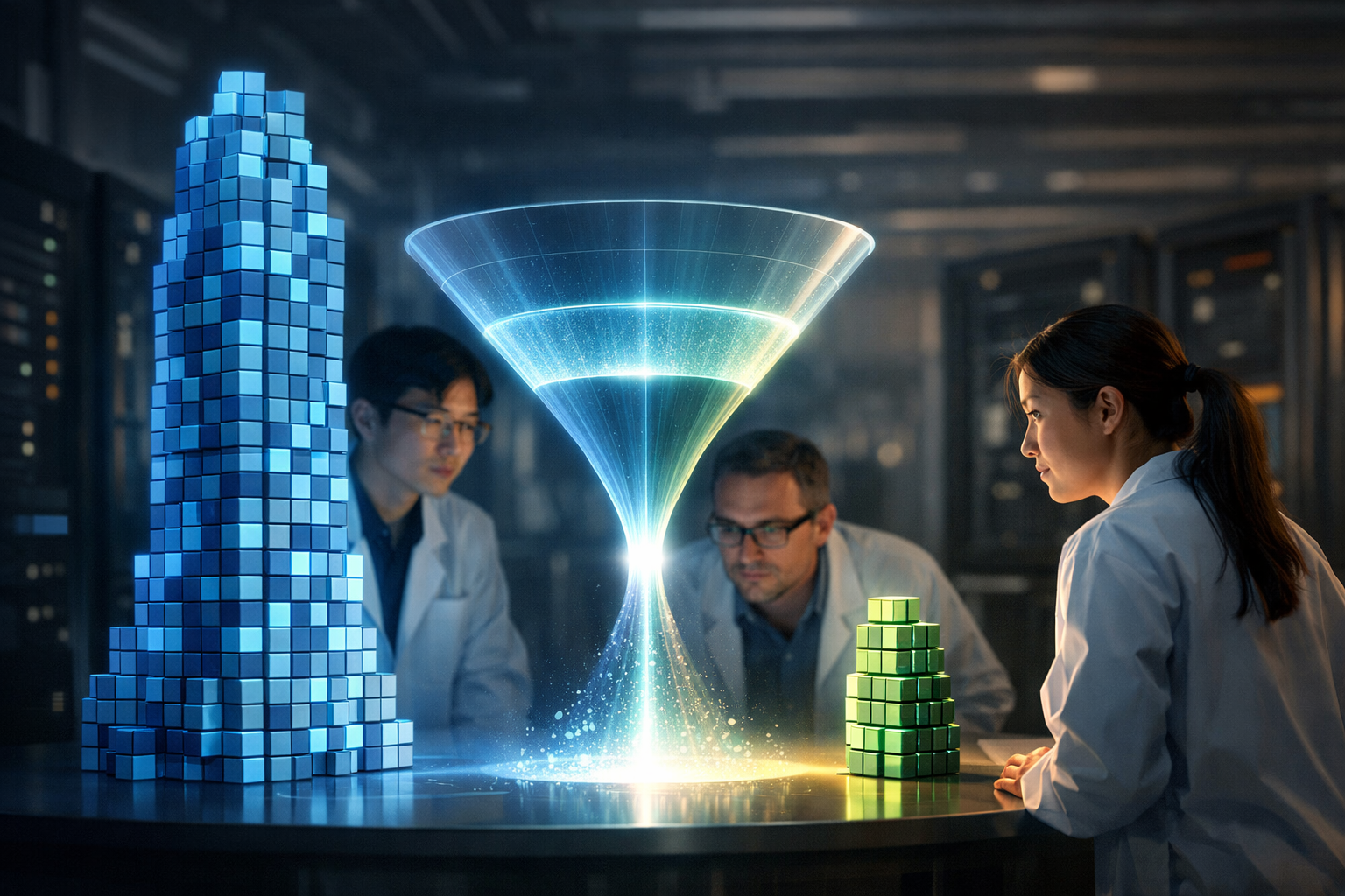 Три исследователя в белых халатах в серверной комнате смотрят на центральную голографическую воронку, которая сжимает высокую стопку синих кубов слева в компактную стопку зелёных кубов справа; кинематографичное освещение, чистый фокус, журнальная иллюстрация.
