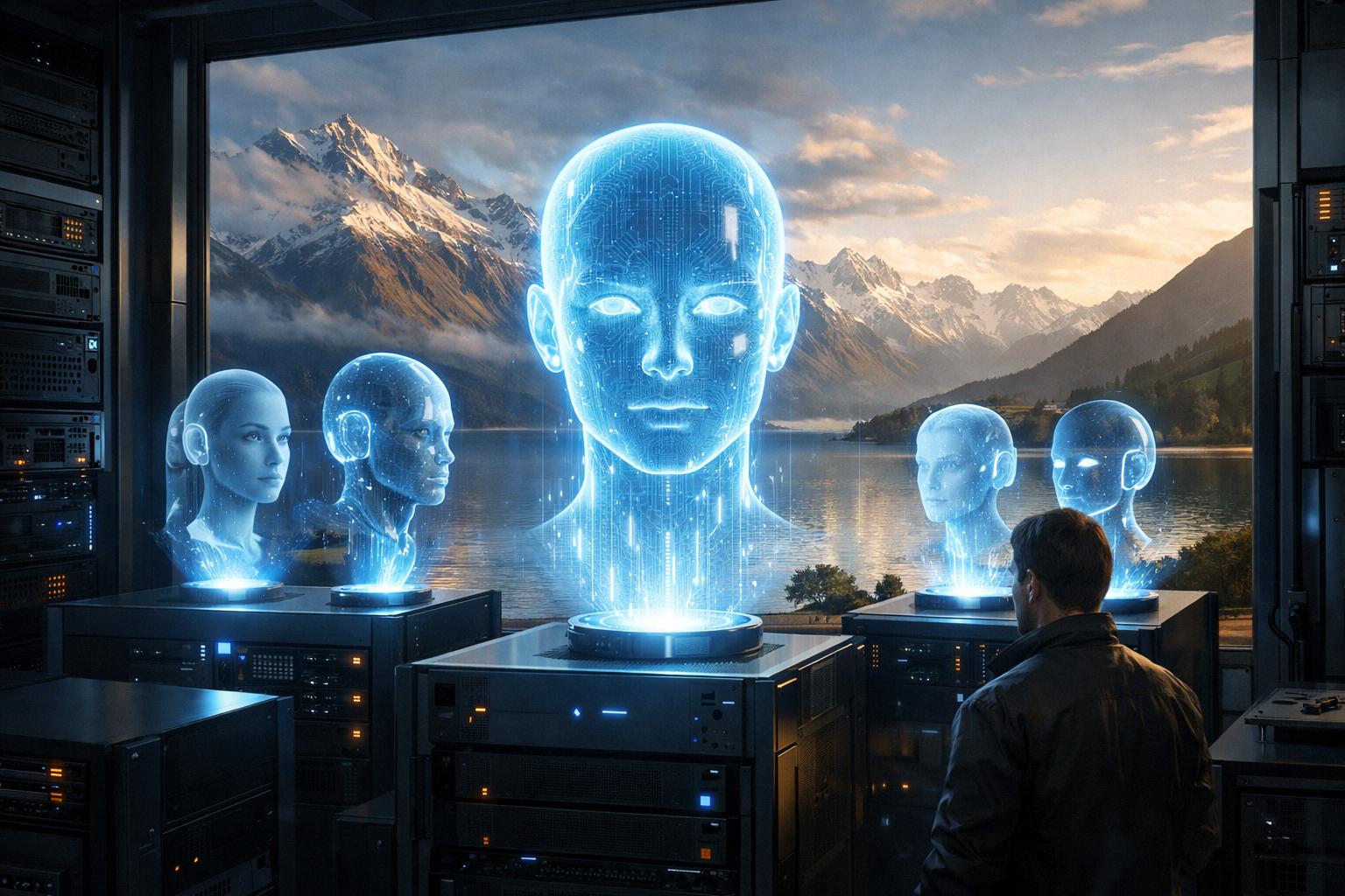 Серверная комната с несколькими платформами, над которыми поднимаются синие голографические головы искусственного интеллекта; через большое окно виднеется озеро и заснеженные горы Новой Зеландии; человек наблюдает сцены, кинематографическое освещение, современный технологичный интерьер.