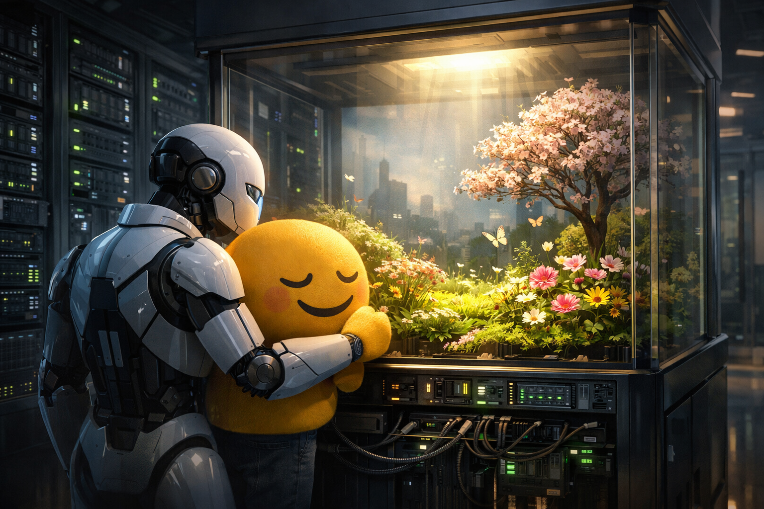 Кинематографичная сцена в серверной: человекоподобный робот обнимает большую жёлтую улыбающуюся мягкую фигуру перед стеклянным террариумом с цветущим деревом и яркими цветами; внутри террариума солнечный свет, на заднем плане ряд серверных стоек и кабели.