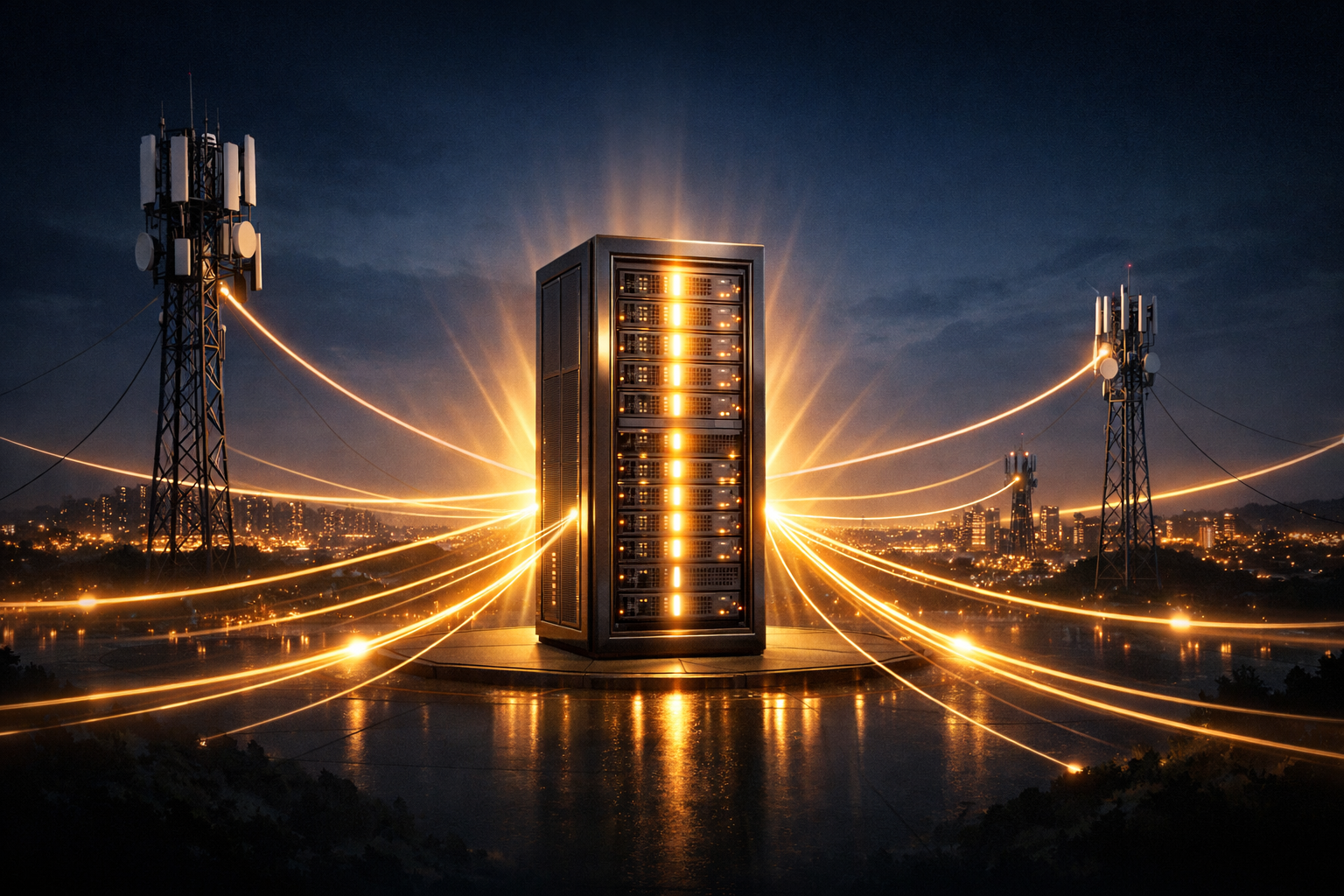 Ночная редакционная иллюстрация: подсвеченная серверная стойка в центре платформы, от неё расходятся тёплые золотистые световые дорожки к нескольким сотовым вышкам и ночному городу на заднем плане; минималистичный фон, кинематографическое освещение.
