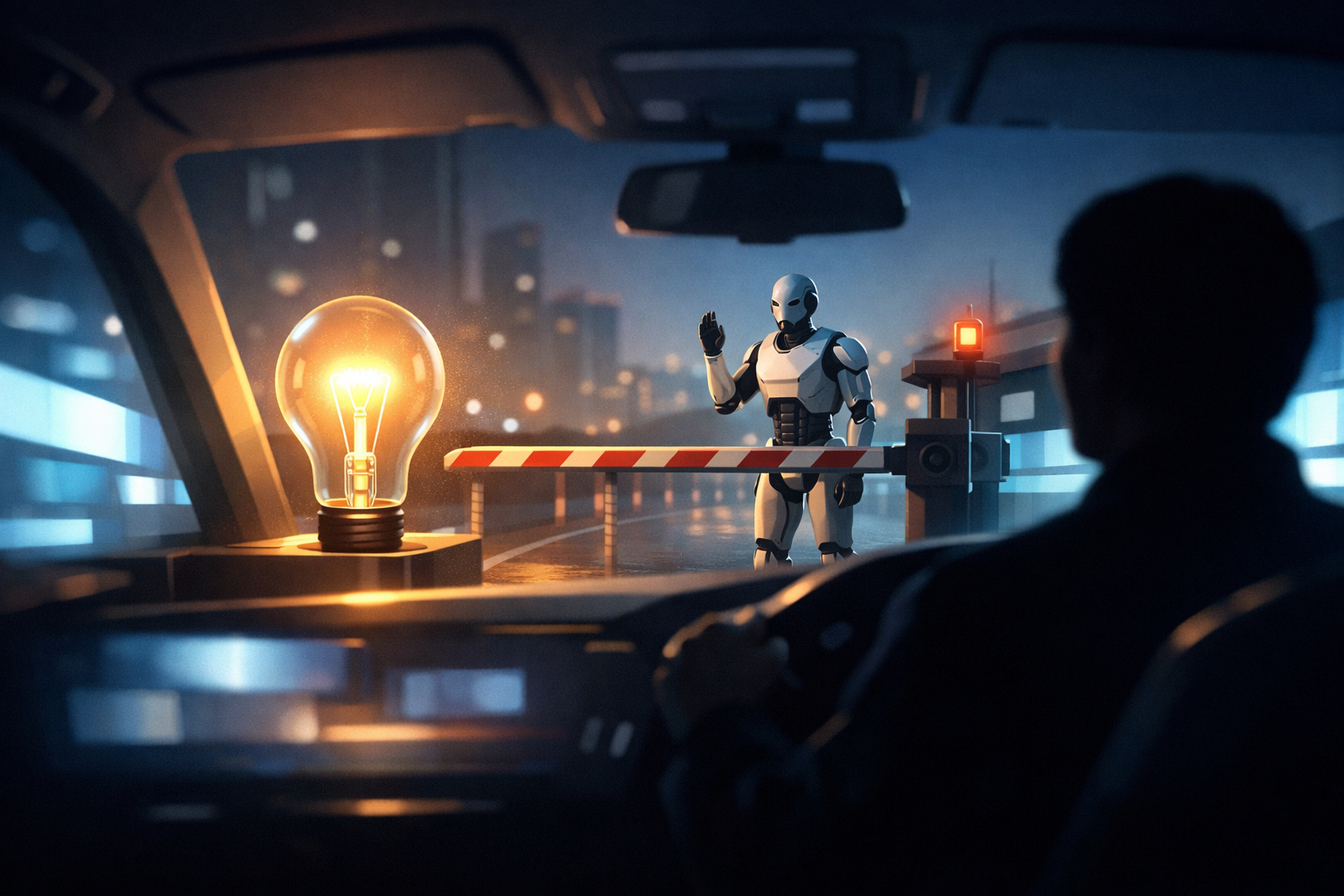 Вид из салона автомобиля ночью: на капоте яркая лампочка, впереди опущен шлагбаум, за ним стоит человекоподобный робот с поднятой рукой; водитель — темный силуэт, вокруг — мягкие абстрактные световые панели и городской фон.