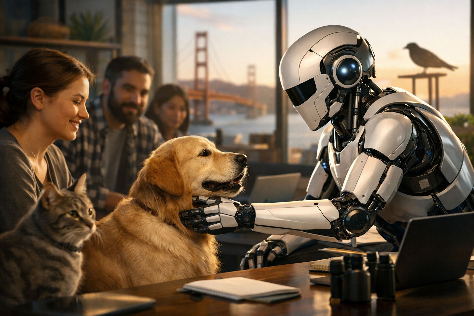 В коворкинге у окна с видом на залив и мост (Сан‑Франциско) гуманоидный робот нежно гладит золотистого ретривера; рядом на столе кошка, в фоне сидят люди-обсуждают проект — тёплая сцена сотрудничества ИИ и движения защиты животных.