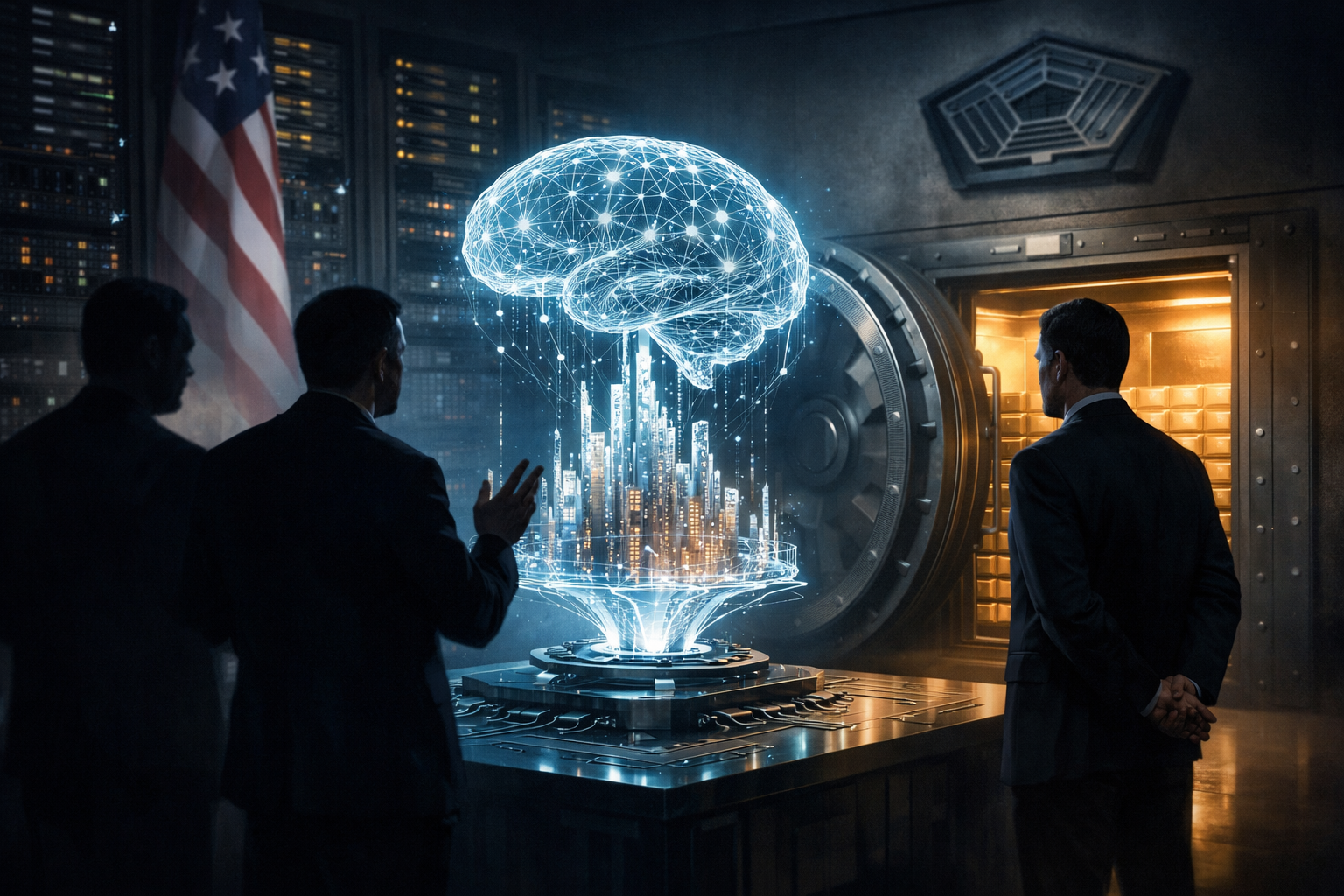 Три силуэта чиновников в костюмах стоят в комнате с серверными стойками и банковским хранилищем, наблюдая за крупной голубой голографической моделью мозга/нейросети, парящей над технологической платформой.