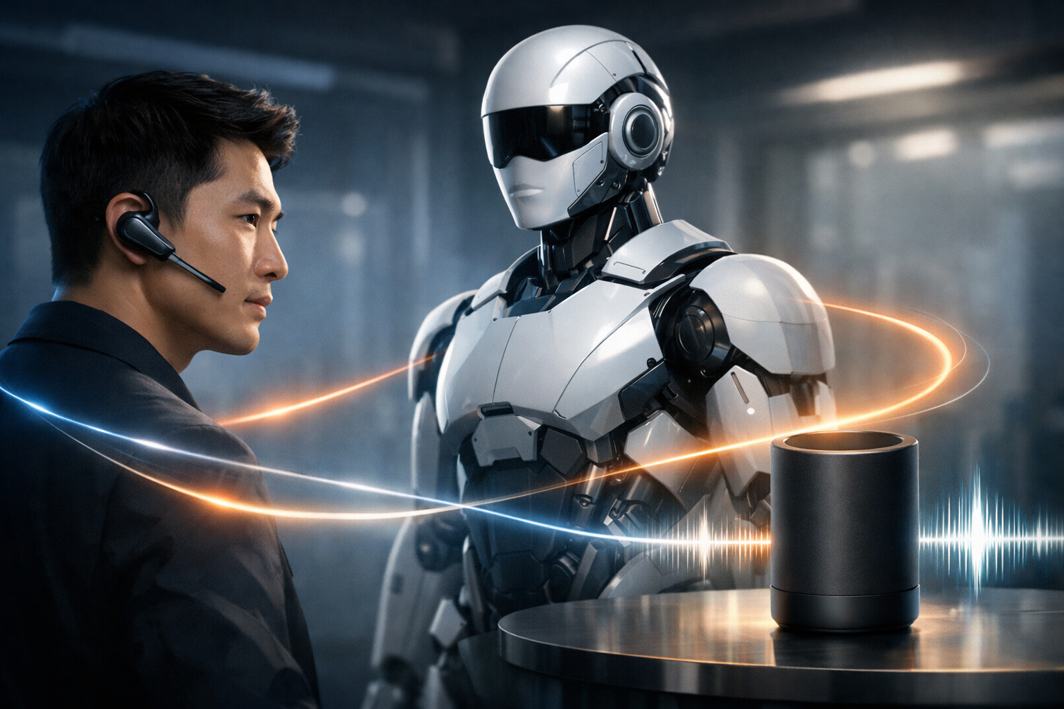 Мужчина в гарнитуре рядом с крупным гуманоидным роботом и цилиндрическим голосовым динамиком; между ними тонкие световые связи и звуковая волна, атмосферная студийная подсветка.